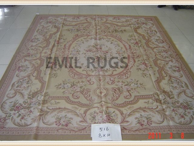 handmade 8' X 10' Yellow Field Ivory Border flat weave aubusson rugs