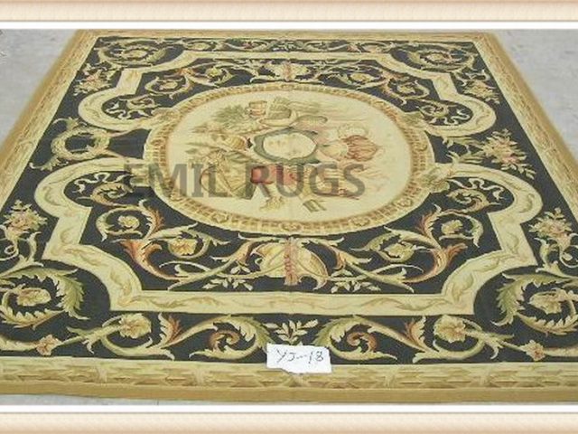 hand woven 8' X 10' Black Field Yellow Border flat weave aubusson carpet