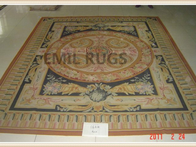 authentic wool french 9' X 12' Ivory Field Multi-Colored Border flat weave aubusson rug