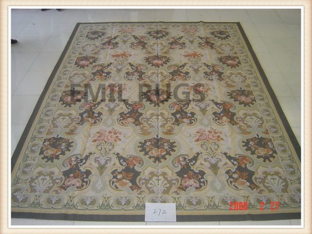 authentic wool french 9' X 12' Multi-Colored Field Multi-Colored Border flat weave aubusson rugs