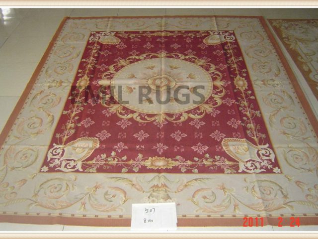 authentic wool french 9' X 12' Red Field Ivory Border flat weave aubusson rug