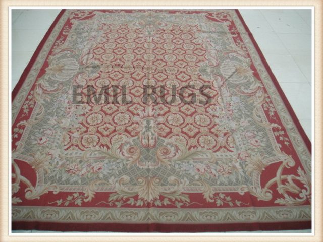 handmade 9' X 12' Red Field Multi-Colored Border flat weave aubusson carpet