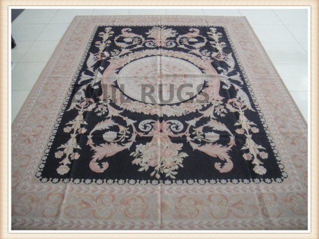 hand woven 9' X 12' Black Field Multi-Colored Border flat weave aubusson rugs