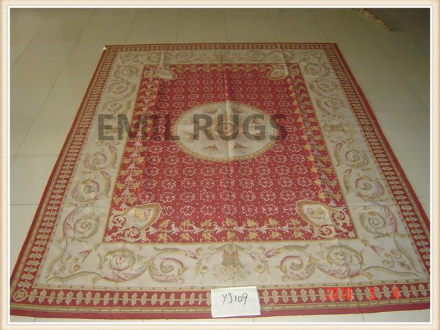 authentic wool french 9' X 12' Red Field Ivory Border flat weave aubusson rug