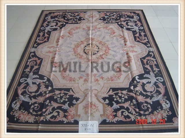 hand woven 12' X 15' Ivory Field Black Border flat weave aubusson rugs