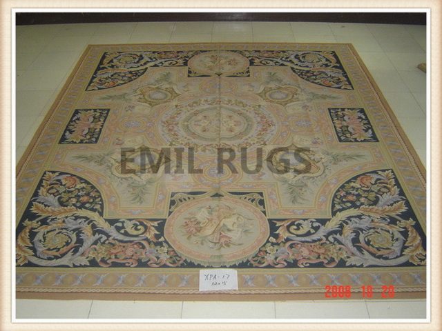 hand woven 12' X 15' Multi-Colored Field Multi-Colored Border flat weave aubusson rug