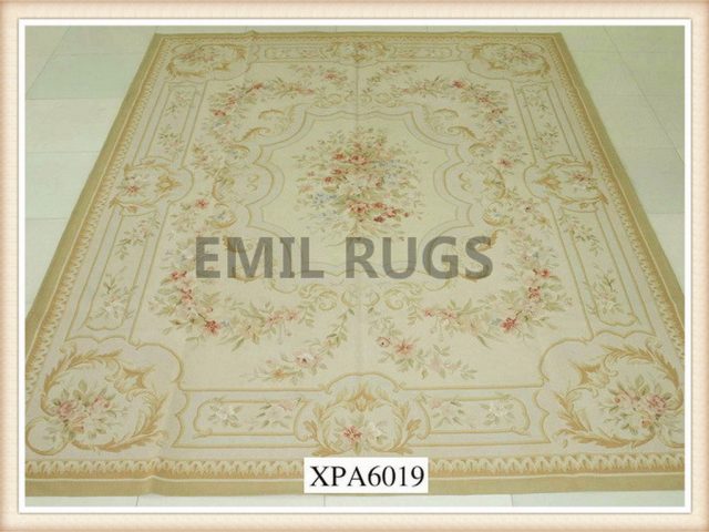 handmade 12' X 15' Ivory Field Multi-Colored Border flat weave aubusson carpet