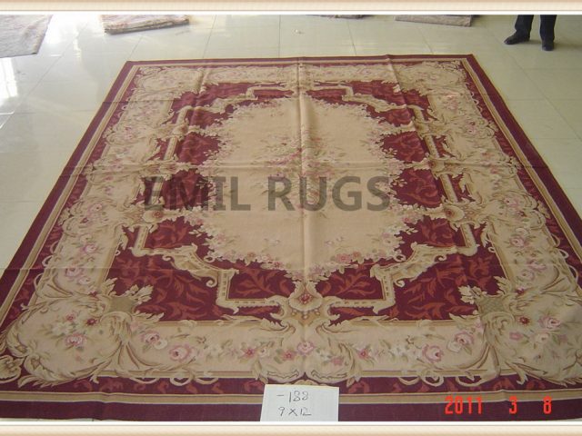 hand woven 6' X 9' Purple Field Ivory Border flat weave aubusson carpet