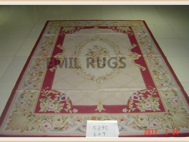 hand woven 6' X 9' Red Field Ivory Border flat weave aubusson carpets