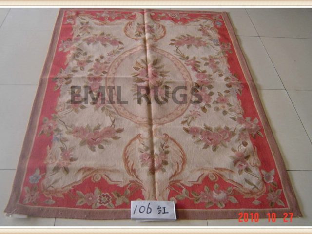 hand woven 8' X 10' Ivory Field Red Border flat weave aubusson carpets