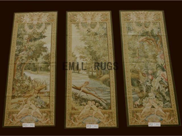 wool antique flat weave aubusson gobelin 3.4'x 8' tapestry wall hangings