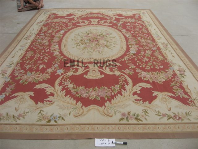 flat weave aubusson carpets Oversized 10' X 14' Red Field Ivory Border 100% New Zealand wool hand woven