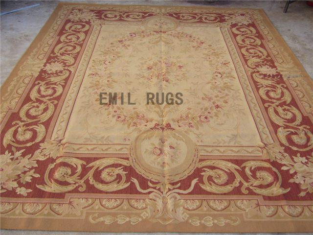 flat weave aubusson carpet Oversized 10' X 14' Ivory Field Red Border 100% New Zealand wool hand woven