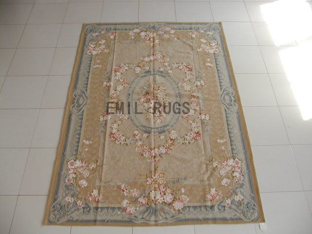 flat weave aubusson rugs 6' X 9' Beige Field Gray Border 100% New Zealand wool hand woven