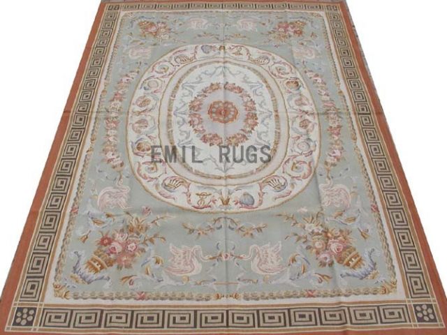 flat weave aubusson rug 6' X 9' Blue Field Black Border 100% New Zealand wool hand woven