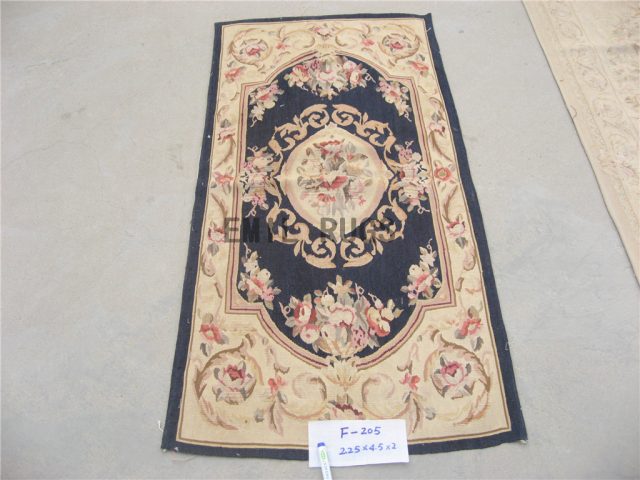 flat weave aubusson rug 3' X 5' Black Field Ivory Border authentic 100% New Zealand wool french