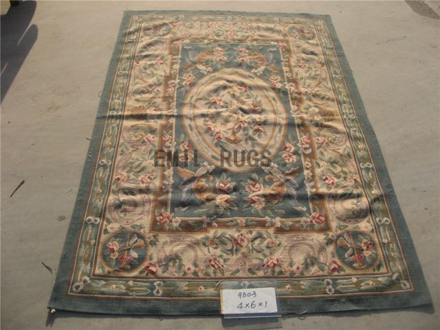 flat weave aubusson rug 3' X 5' Blue Field Ivory Border 100% New Zealand wool european handmade