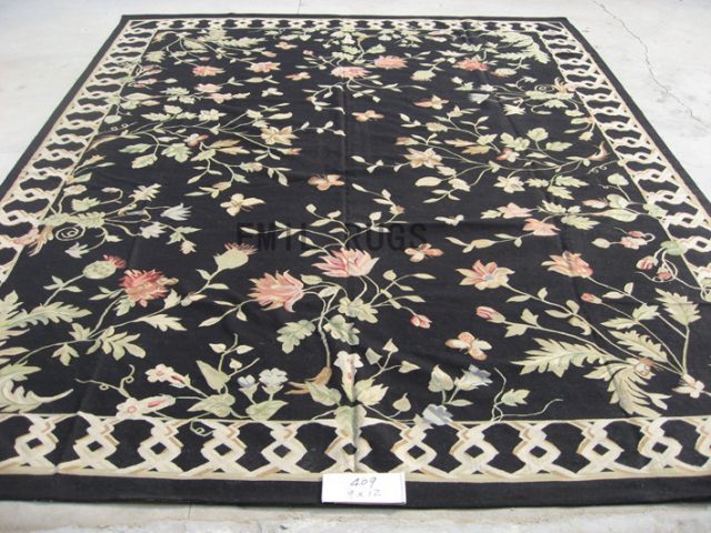 flat weave aubusson carpet 9' X 12' Black Field Black Border 100% New Zealand wool european handmade