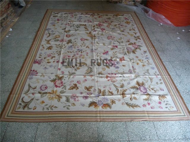 flat weave aubusson carpets 9' X 12' Ivory Field Multi-Colored Border 100% New Zealand wool hand woven