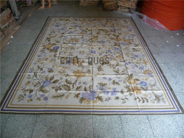 flat weave aubusson rug 9' X 12' Ivory Field Multi-Colored Border authentic 100% New Zealand wool french