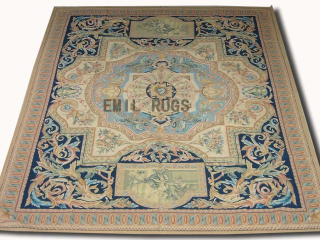 flat weave aubusson rugs 9' X 12' Blue Field Beige Border 100% New Zealand wool hand woven