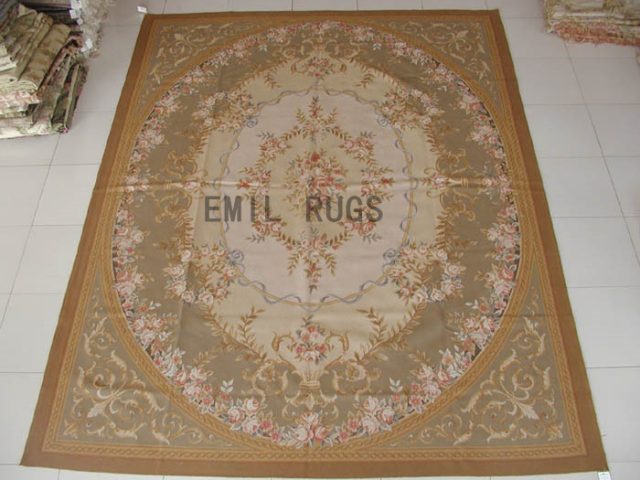 flat weave aubusson rug 9' X 12' Gray Field Beige Border 100% New Zealand wool european handmade