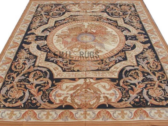 flat weave aubusson rugs 9' X 12' Black Field Ivory Border 100% New Zealand wool european handmade