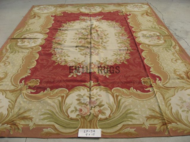 flat weave aubusson rugs 9' X 12' Red Field Ivory Border authentic wool french