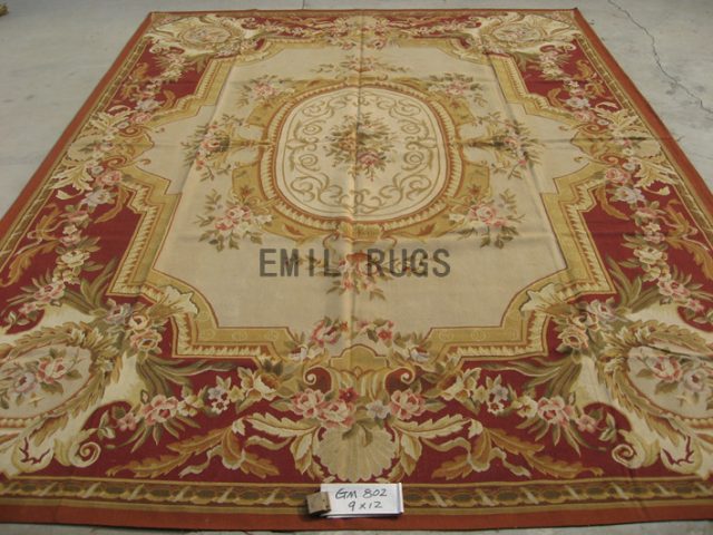 flat weave aubusson carpet 9' X 12' Ivory Field Red Border authentic wool french