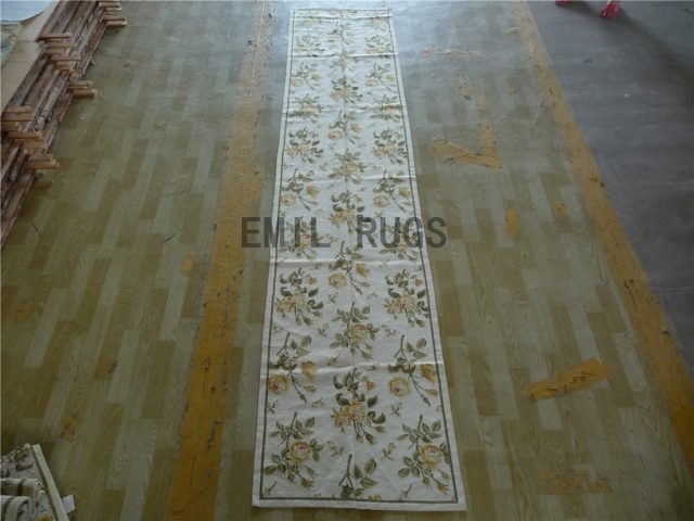 needlepoint rug Runner 2.5' X 12' Ivory Field Green Border 100% wool european french hand stitched