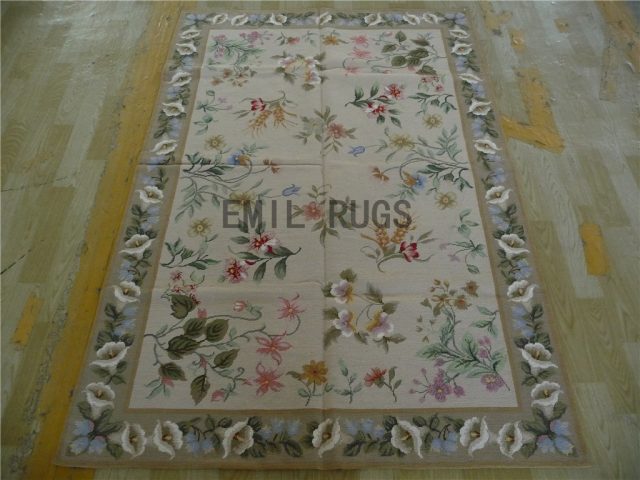 needlepoint area rugs 4' X 6' Ivory Field Gray Border 100% wool european french hand stitched