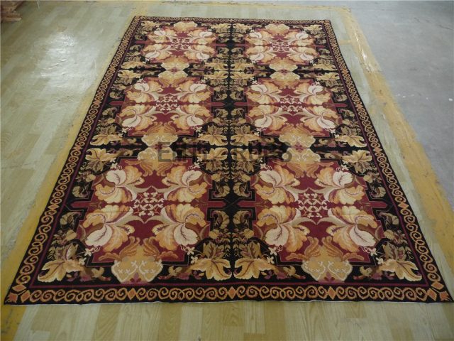 needlepoint carpets 6' X 9' Black Field Purple Border 100% wool european french hand stitched