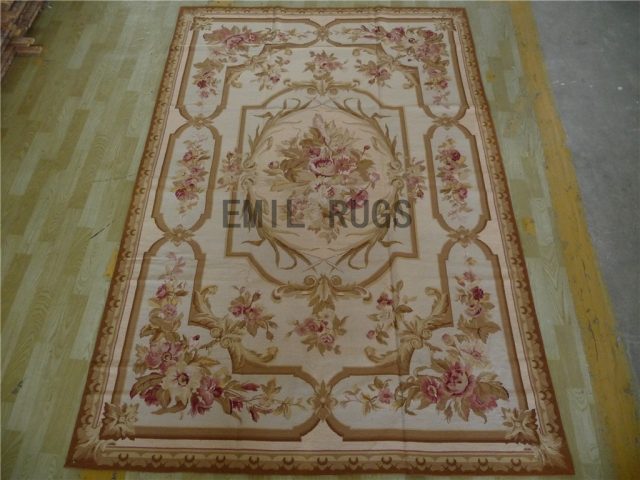 needlepoint rugs 6' X 9' Ivory Field Beige Border 100% wool european french handmade