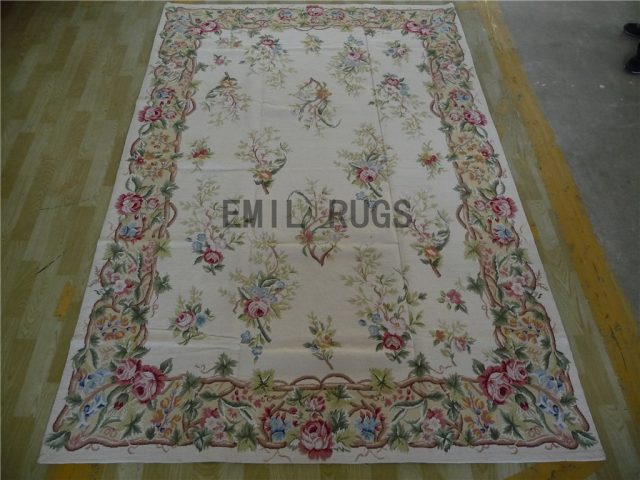 needlepoint rugs 6' X 9' Ivory Field Multi-Colored Border 100% wool european french hand stitched