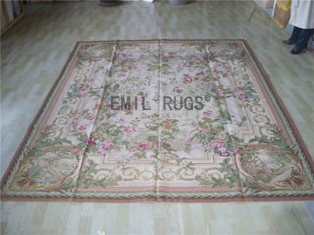 needlepoint rug 8' X 10' Ivory Field Multi-Colored Border 100% wool european french hand stitched