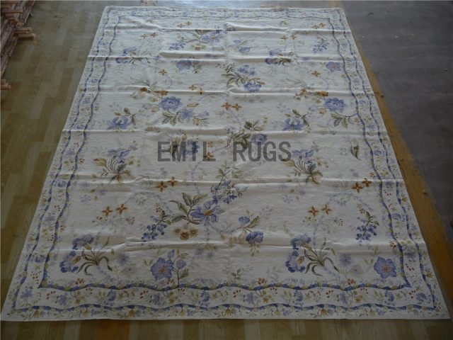 needlepoint rugs 8' X 10' Ivory Field Blue Border 100% wool european french hand stitched