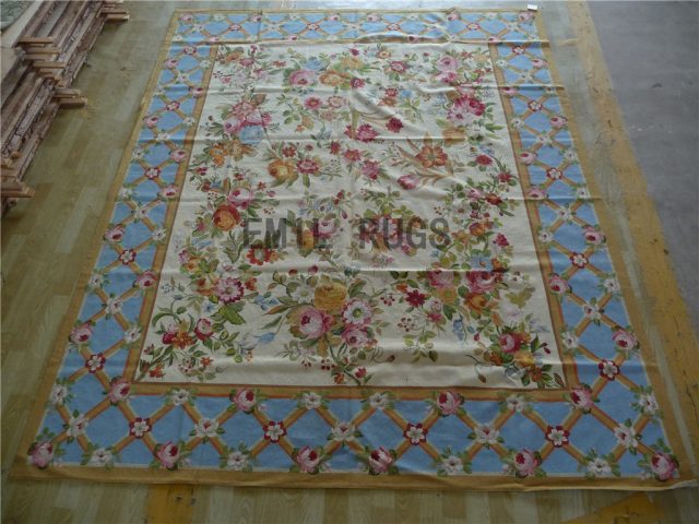 needlepoint carpets 8' X 10' Ivory Field Blue Border 100% wool european french handmade