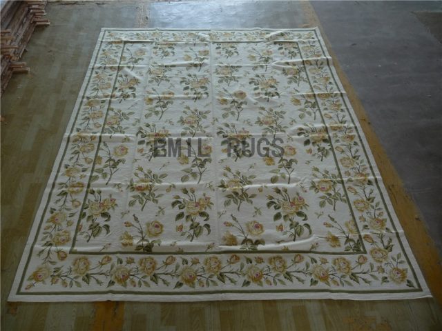 needlepoint rugs 8' X 10' Ivory Field Green Border 100% wool european french authentic