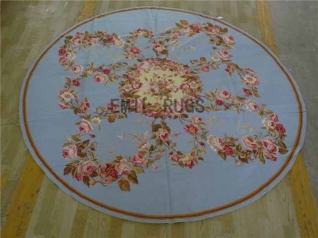 needlepoint area carpets Round 8' X 8' Blue Field Beige Border 100% wool european french hand stitched