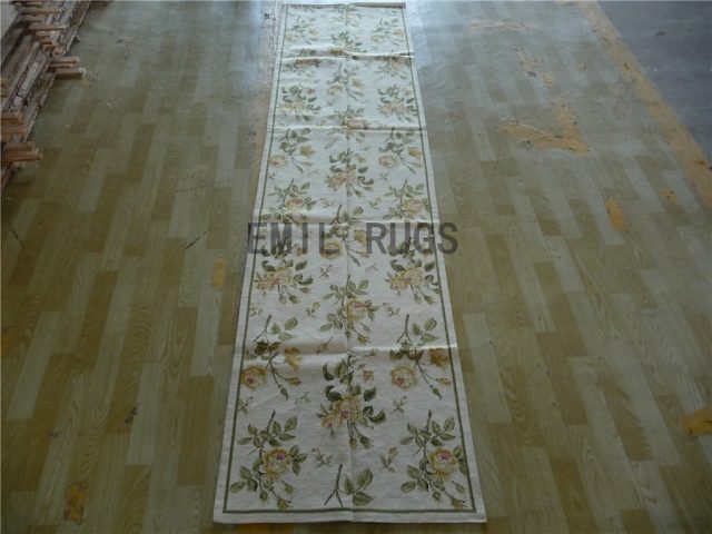 needlepoint carpets Runner 2.5' X 10' Ivory Field Green Border 100% wool european french handmade