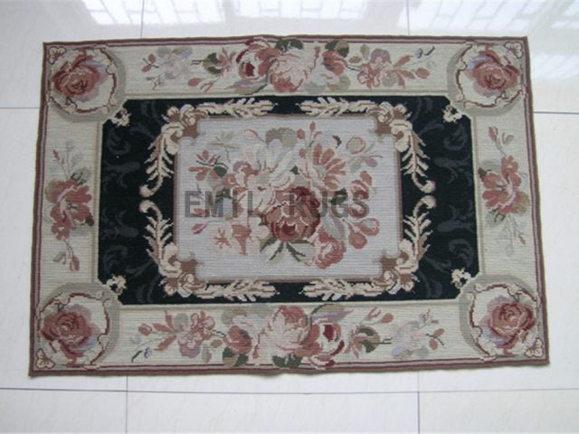 needlepoint rug Small Size 2' X 4' Black Field Ivory Border handmade