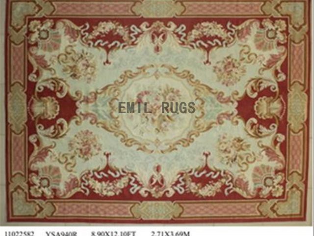 flat weave aubusson carpet 9' X 12' Red Field Pink Border 100% New Zealand wool hand woven