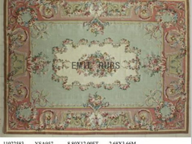 flat weave aubusson rugs 9' X 12' Green Field Pink Border 100% New Zealand wool hand woven