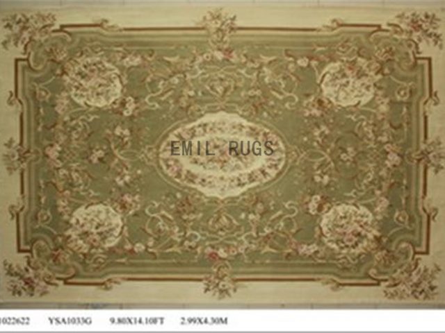 flat weave aubusson rug Oversized 10' X 14' Green Field Ivory Border 100% New Zealand wool european handmade