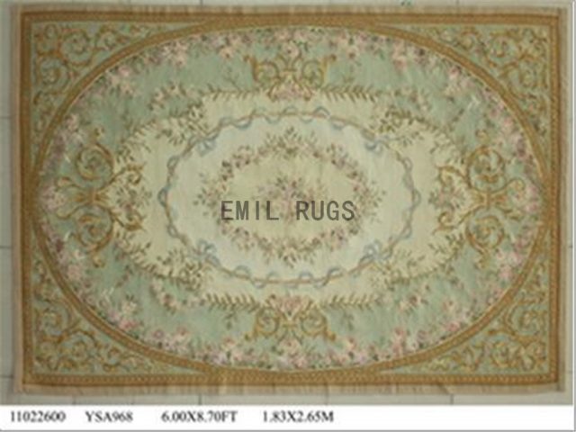 flat weave aubusson carpets 6' X 9' Ivory Field Green Border 100% New Zealand wool european handmade