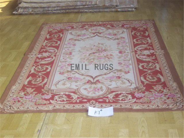 flat weave aubusson carpet 6' X 9' Ivory Field Red Border authentic 100% New Zealand wool french