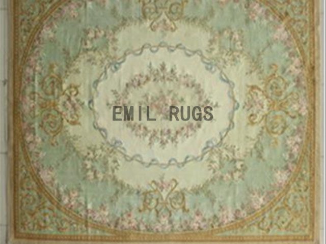 flat weave aubusson rug 8' X 10' Ivory Field Green Border 100% New Zealand wool european handmade