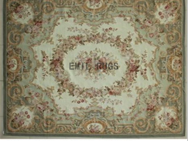 flat weave aubusson carpet 8' X 10' Ivory Field Green Border 100% New Zealand wool european handmade