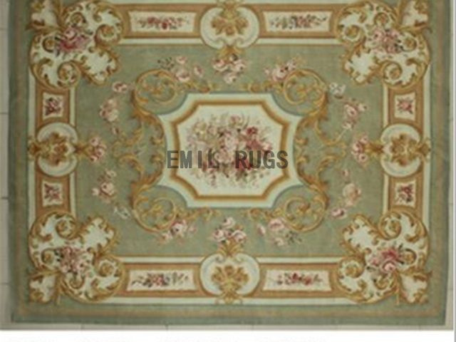 flat weave aubusson carpets 8' X 10' Green Field Ivory Border 100% New Zealand wool hand woven